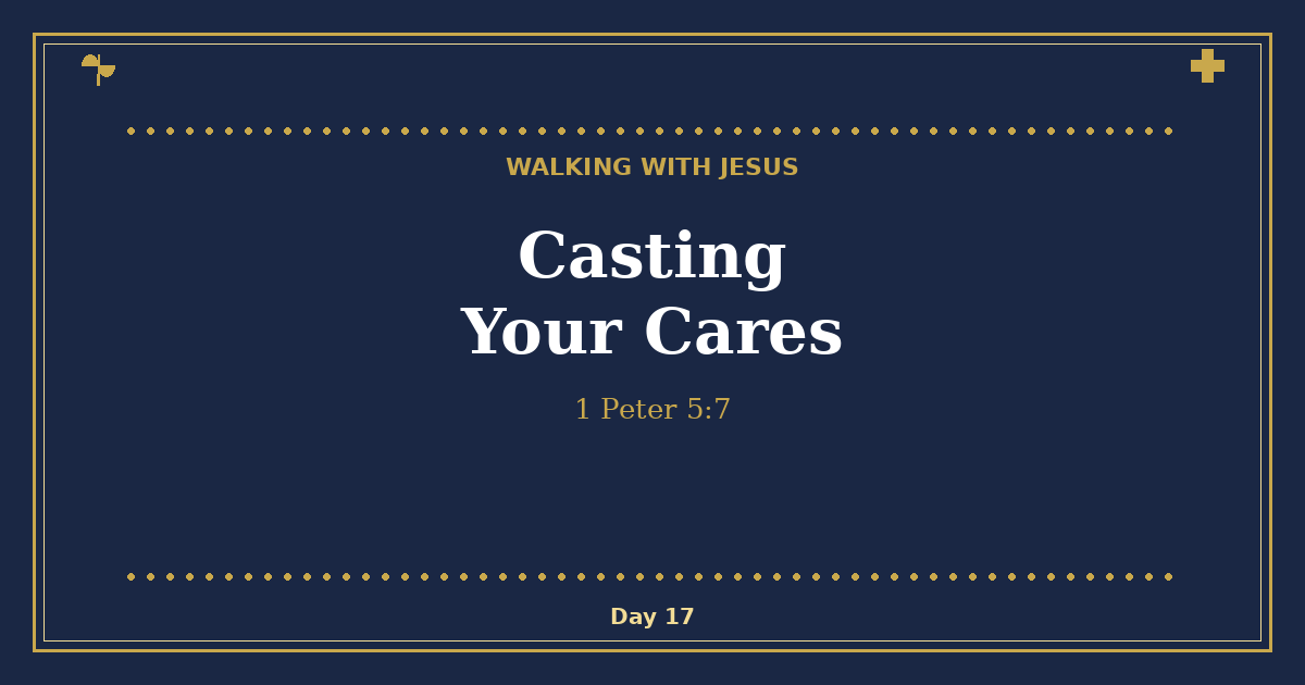 Casting Your Cares - Walking with Jesus Day 17 - Hand-drawn navy and gold devotional featured image